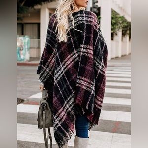 New Women Plaid Poncho Sweater Cardigan Knitted Tassel Opne Front Shawl Cape